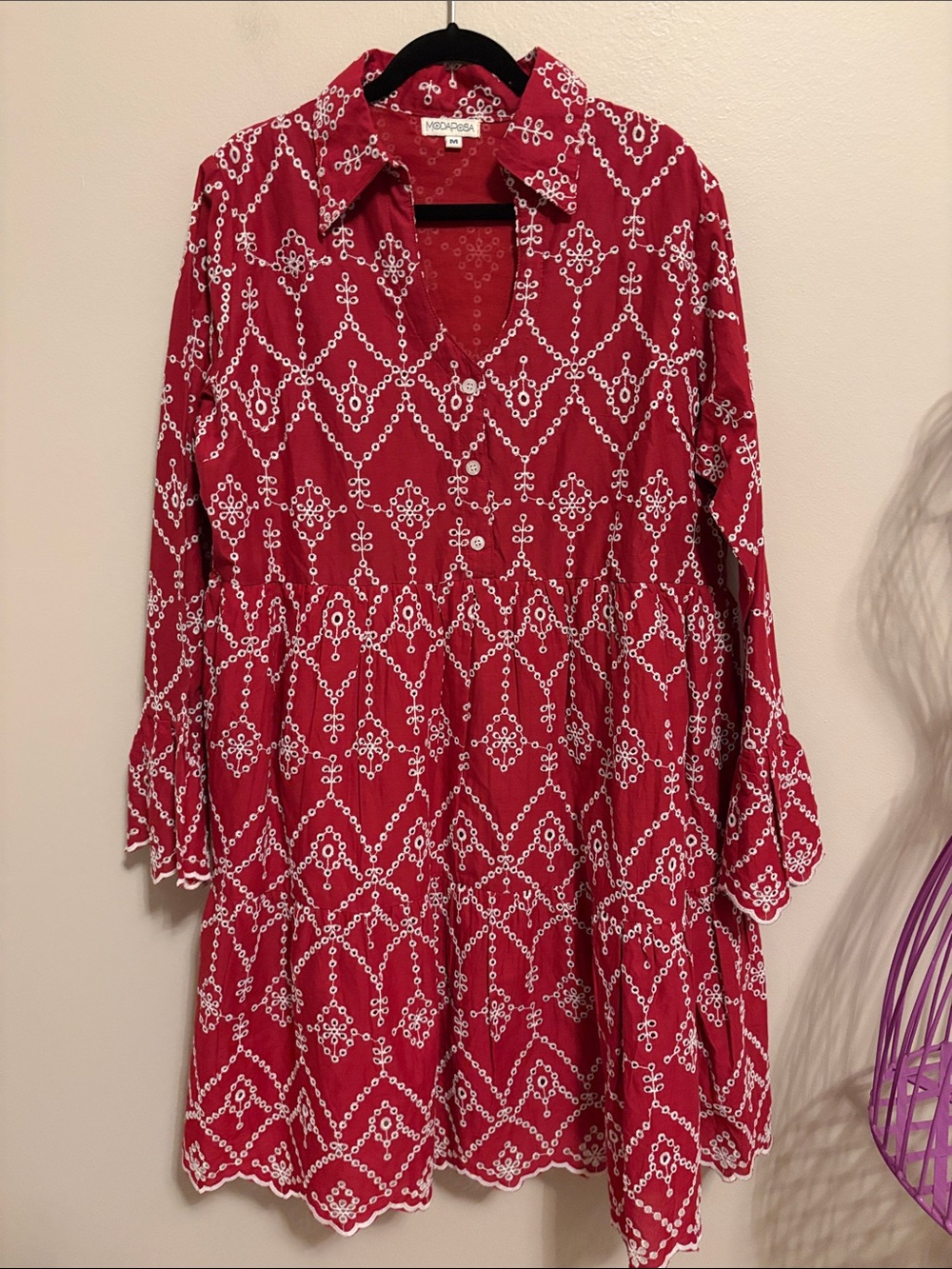 Moda Posa Red Tiered Dress with White Eyelet Stitching NWOTS